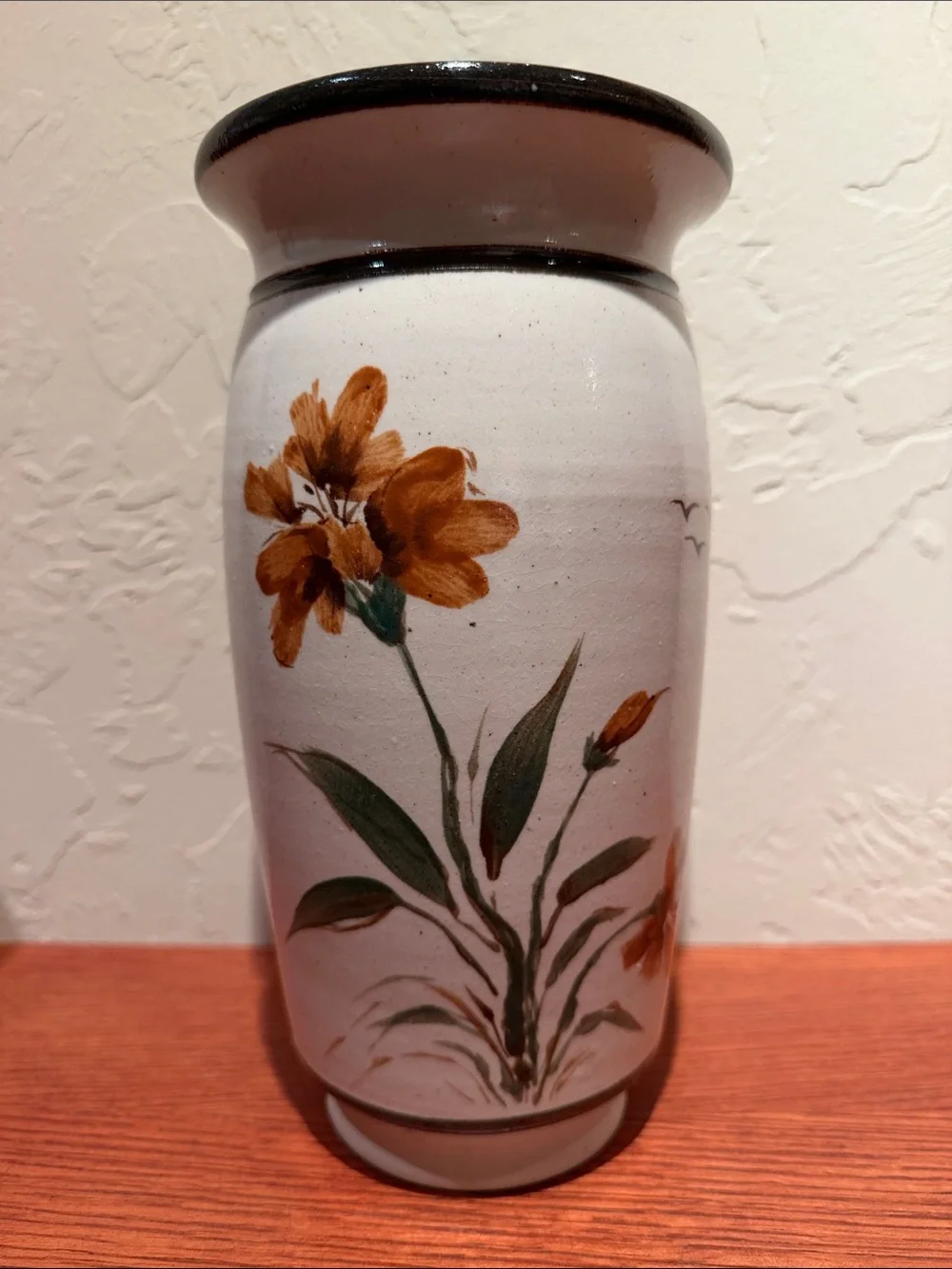 Vintage Hand Painted Stoneware Floral Vase - Orange Flowers, Earthy Boho